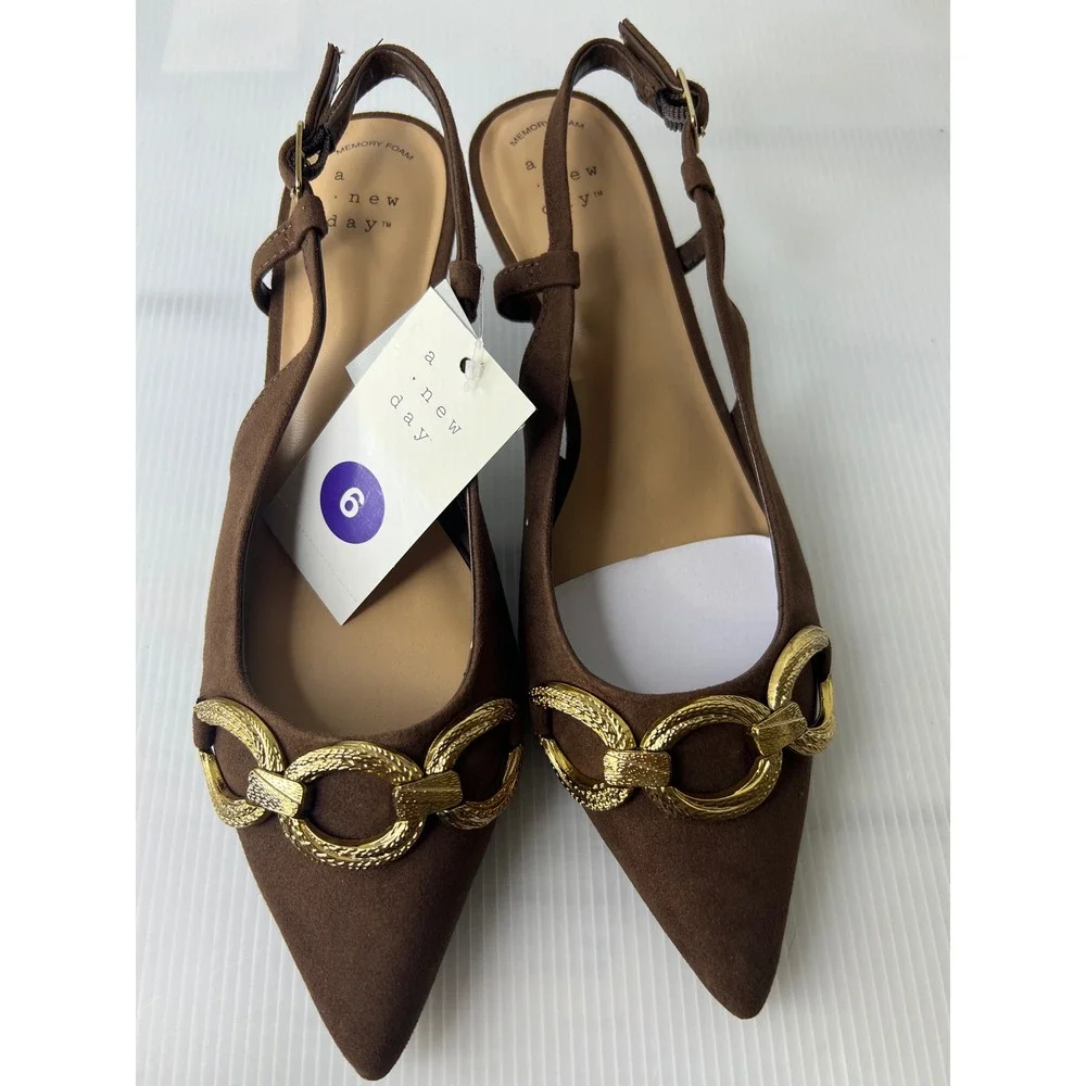 A New Day Brown Slingback Kitten Heels Gold Chain Link Pointed Toe Pumps Size 66